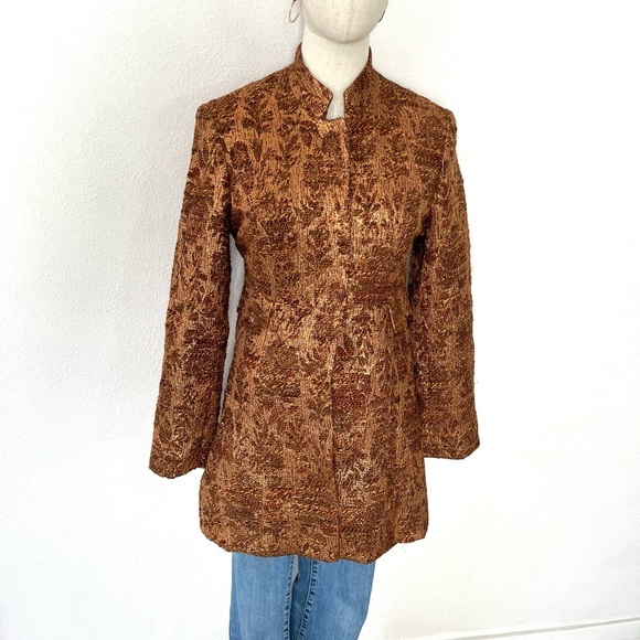 Vintage Festive 100% Silk Lined Gold & Brown Long Blazer Jacket - Picture 1 of 7